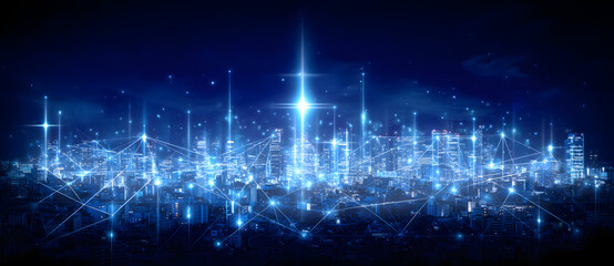 Wall Mural - Futuristic cityscape with illuminated skyscrapers and glowing data streams, illustrating advanced technology and global connectivity, suitable for technology, digitalization, and smart city themes
