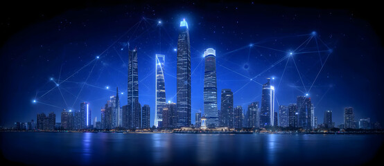 Wall Mural - Futuristic cityscape with illuminated skyscrapers and glowing data streams, illustrating advanced technology and global connectivity, suitable for technology, digitalization, and smart city themes
