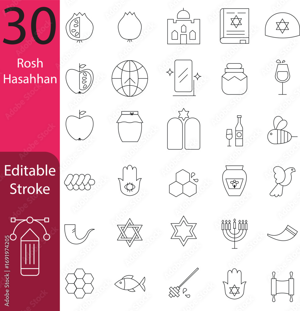 Rosh Hashanah line icon set, Jewish New Year symbols, editable stroke ...