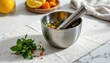 © หมู ทําอะไรก็อร่อย - a high resolution eco mortar and pestle designed from recycled stainless steel, highlighted by lightweight frame, low impact production method, shown on seamless white with crisp detail.