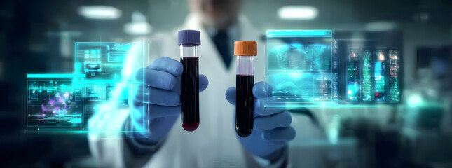 Wall Mural - Scientist holding multiple vials with a digital display showing DNA and cell structures, suitable for medical research, laboratory technology, and scientific innovation themes
