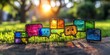 © 1389 - Colorful glass speech bubbles stand on grass, illuminated by sunlight, creating a vibrant, artistic scene.
