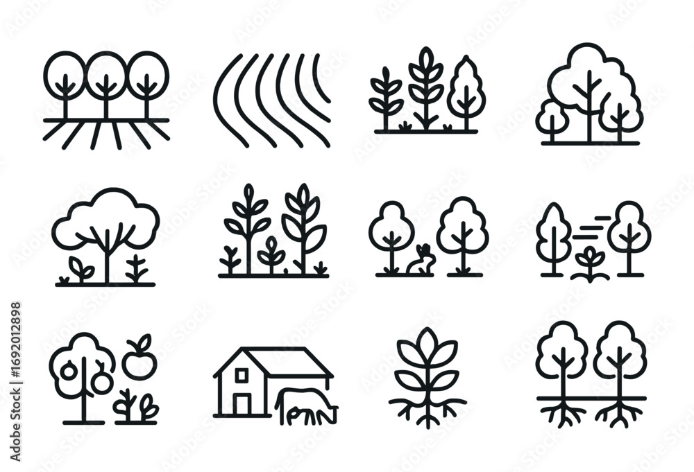 Groforestry Icon Agroforestry Icons. Outline icon set of Agroforestry: tree rows, crop ...