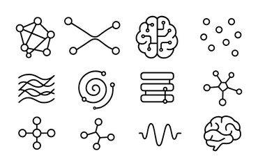 Neural Aesthetics Icons. Outline icon set of Neural Aesthetics: neural net node, synapse arc, brain circuit,