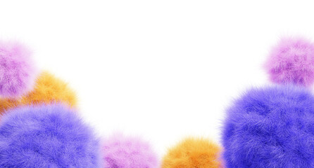 Wall Mural - cute fur fluffy frame with soft plush colorful balls. pastel pink blue yellow spheres on white 3d ba