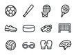 © Руслан Мельніков - Sports Anime Icons Grid. Outline icon set of sports anime: soccer ball, baseball bat, basketball hoop, tennis