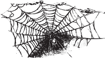 spider and web in a black and white vector illustration. detailed line and silk pattern emphasizes a