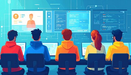 Three diverse programmers or developers are focused on their laptops, with screens showing code and data. It captures the essence of teamwork in software development and IT security