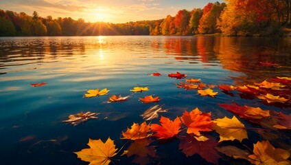 Wall Mural - Colorful fallen leaves floating on a calm lake water surface. A serene autumn scene in vibrant colors. Warm orange, red and yellow forest trees foliage fall season sunset illustration.