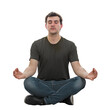 © 1STunningART - Calm young man sitting on the floor with eyes closed and crossed legs and raising hands showing zen gesture like practicing yoga. Relaxed guy meditate in lotus pose isolated on transparent background
