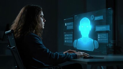 Woman interacting with futuristic virtual AI interface
