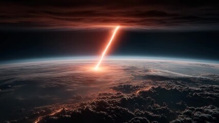 Wall Mural - Dramatic lightning bolt strikes Earth atmosphere and surface, illuminating dark clouds and sky with intense glowing energy, evoking awe in powerful, surreal science fiction cosmic landscape