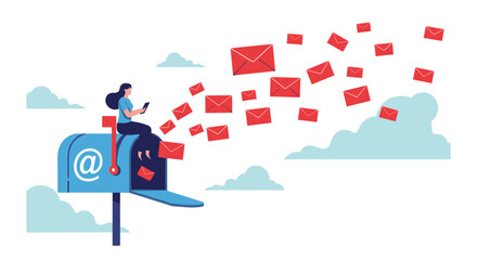Woman manages online communication and digital mail with tablet near mailbox and flying envelopes
