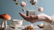 © Juan - Hand holding mushrooms with floating food items arranged on dramatic background