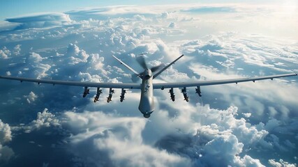Wall Mural - Large airplane flies through cloudy sky with white clouds and blue background