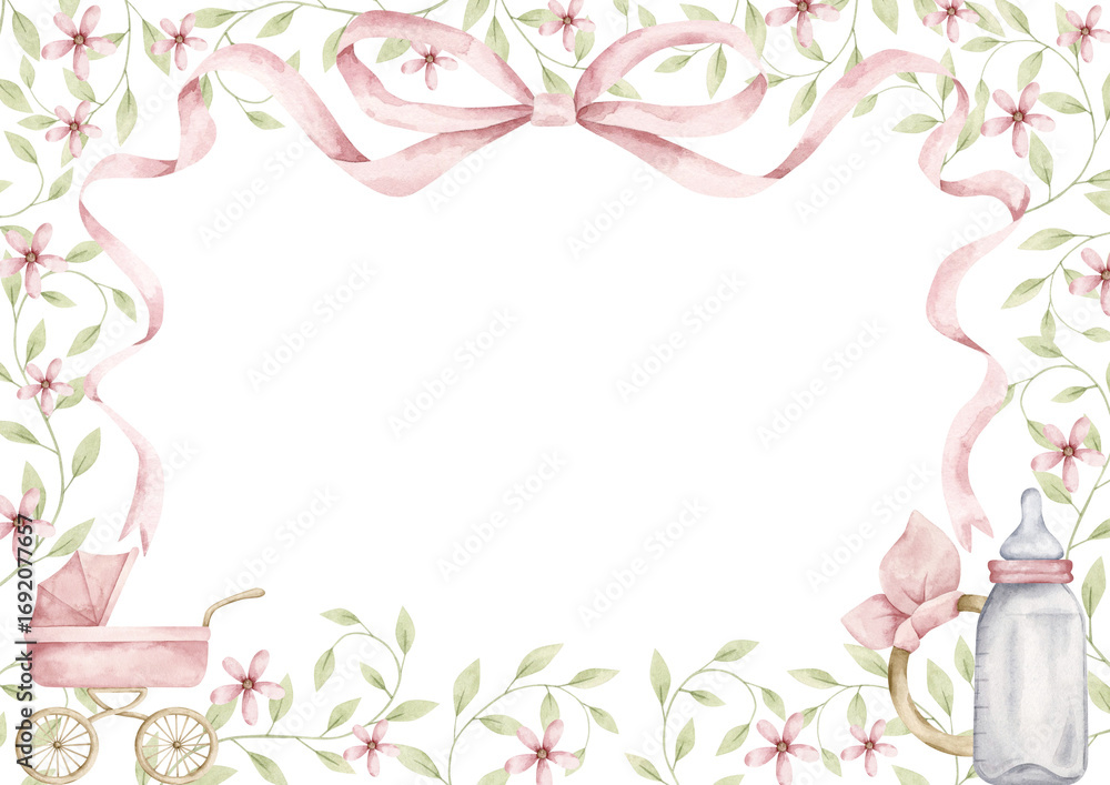 It's a girl. Watercolor hand-drawn horizontal frame with pink wavy ...