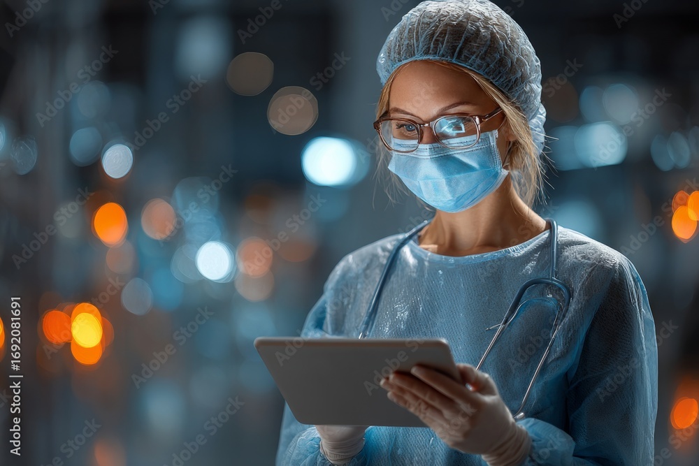 Surgeon Using A Computer Female surgeon using tablet computer in operating room, holding tablet ...