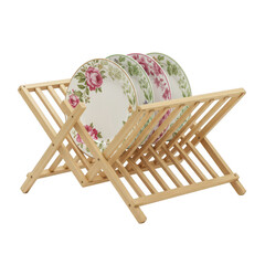 Wooden dish rack with floral plates isolated on transparent background
