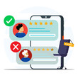 © AlHanif - Flat illustration of job recruitment process showing candidate approval and rejection with rating stars on mobile screen and vacant chair for hiring selection