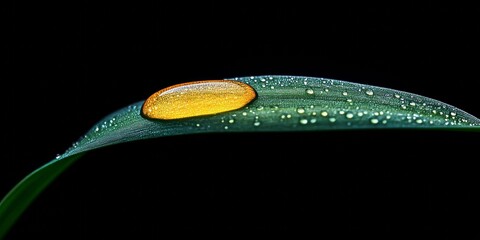 Wall Mural - Macro View of Dew Kissed Grass Blade with Glowing Honey-Colored Water Droplet at Dawn Light