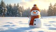 © jadid - A cheerful snowman wearing an orange hat and scarf stands in a snowy winter landscape, a joyful symbol of the holiday season
