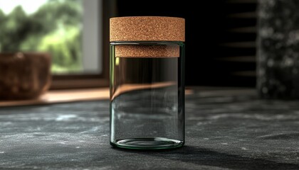 Glass Jar with Cork Stopper on Dark Grey Stone Surface for Stylish Product Display and Storage