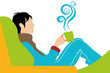 © ADDICTIVE STOCK - A young adult sits comfortably in a vibrant chair, cradling a green cup filled with steaming hot beverage. The cozy atmosphere is inviting for a restful afternoon