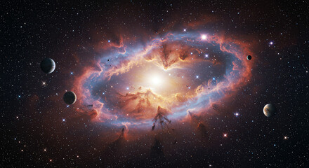 cosmic nebula with planets and distant stars