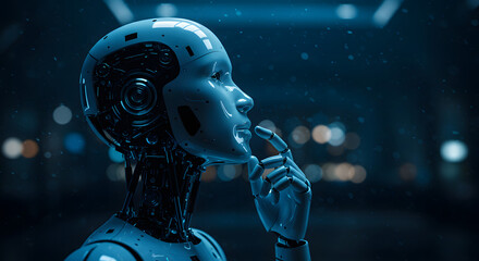 Futuristic robot contemplates existence in a dimly lit technological environment