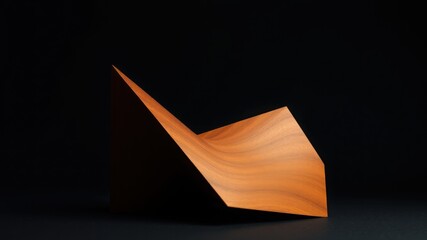 Angled geometric shape with wood grain texture on a dark background in a studio setting