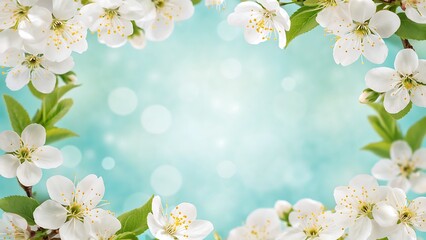 Soft focus background of delicate white spring blossoms framing a gentle aqua blue bokeh
