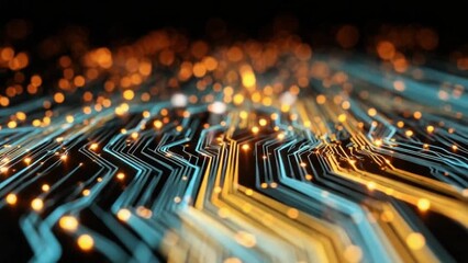 Futuristic Circuit Board Animation with Glowing Lights and Data Flowing Seamlessly