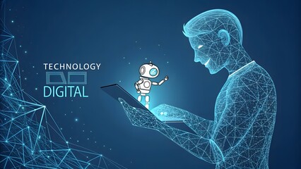 A digital illustration depicts a man using a tablet with an animated robot on screen, against a dark blue gradient with glowing lines, emphasizing TECHNOLOGY and DIGITAL.