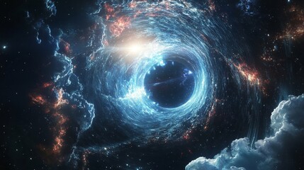 Wall Mural - A swirling nebula of gas and dust surrounds a black hole in space, creating a mesmerizing cosmic spectacle.