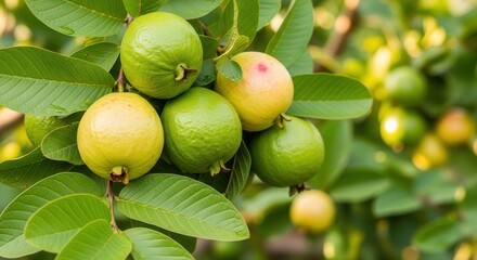 close up of fresh green guavas growing on a tree branch in tropical orchard