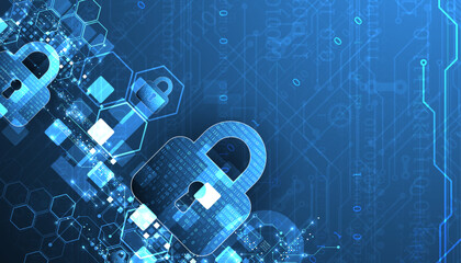 Abstract technological background on the topic of information protection. Various technological elements with padlocks inside which is a digital code.