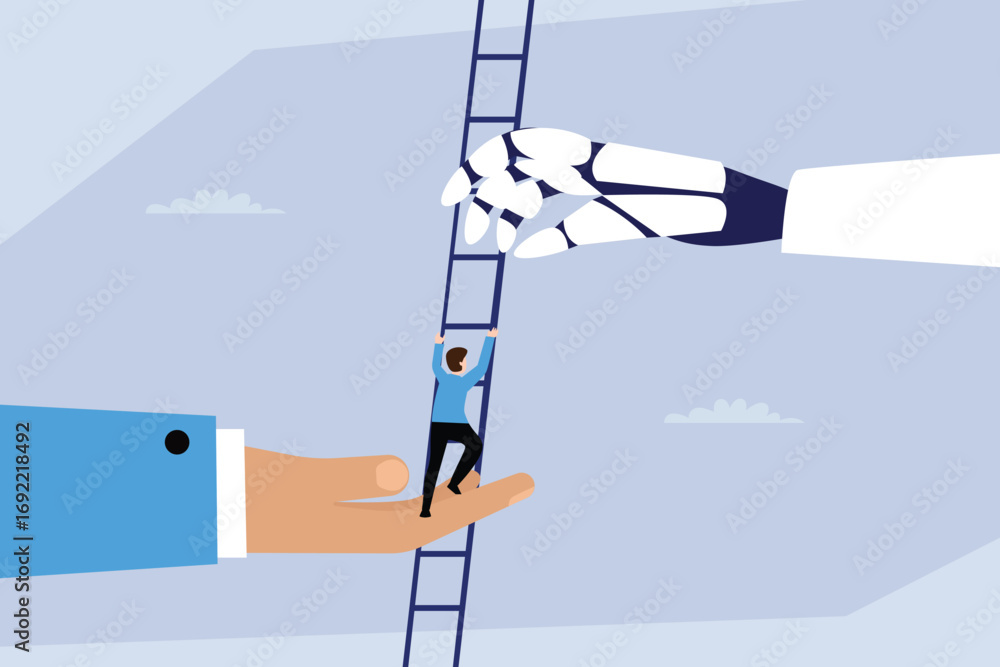 progress development concept characters hold hands... Human and AI partnership for success. A human hand and a robot hand ...