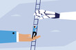 © Creativa Images - Human and AI partnership for success. A human hand and a robot hand working together to hold up a ladder for a businessman to climb, symbolizing collaboration and support 2d flat vector illustration