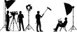 © Ambia Art - Black silhouette film production crew vector illustration, movie set setup, lighting camera director, microphone operator, film industry design, professional filmmaking icons