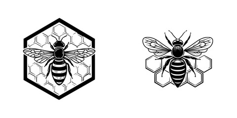 Set of two honey bee emblems with honeycomb pattern in a black and white graphic style for logo or icon design