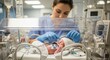 © Patrick - Nurse caring for premature newborn in neonatal intensive care unit with IV therapy, monitoring equipment and medical support in hospital incubator