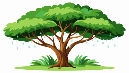 Cartoon illustration of a lush green tree with falling raindrops and green grass at its base