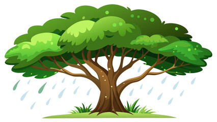 Stylized cartoon illustration of a large green tree with a brown trunk and branches during a gentle rain shower