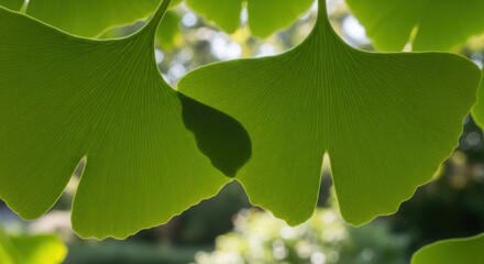 Close-up of vibrant green Ginkgo Biloba leaves in sunlight offering a fresh botanical view