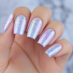 Wall Mural - A close-up shot of a hand showcasing beautifully manicured nails with a stunning holographic effect. The shimmering polish catches the light.