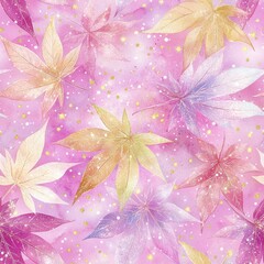 Wall Mural - A beautiful watercolor pattern with vibrant pink and golden maple leaves, perfect for backgrounds and designs.