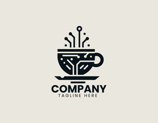 Coffee cup with digital elements illustrated as modern tech vector logo in minimal creative design style