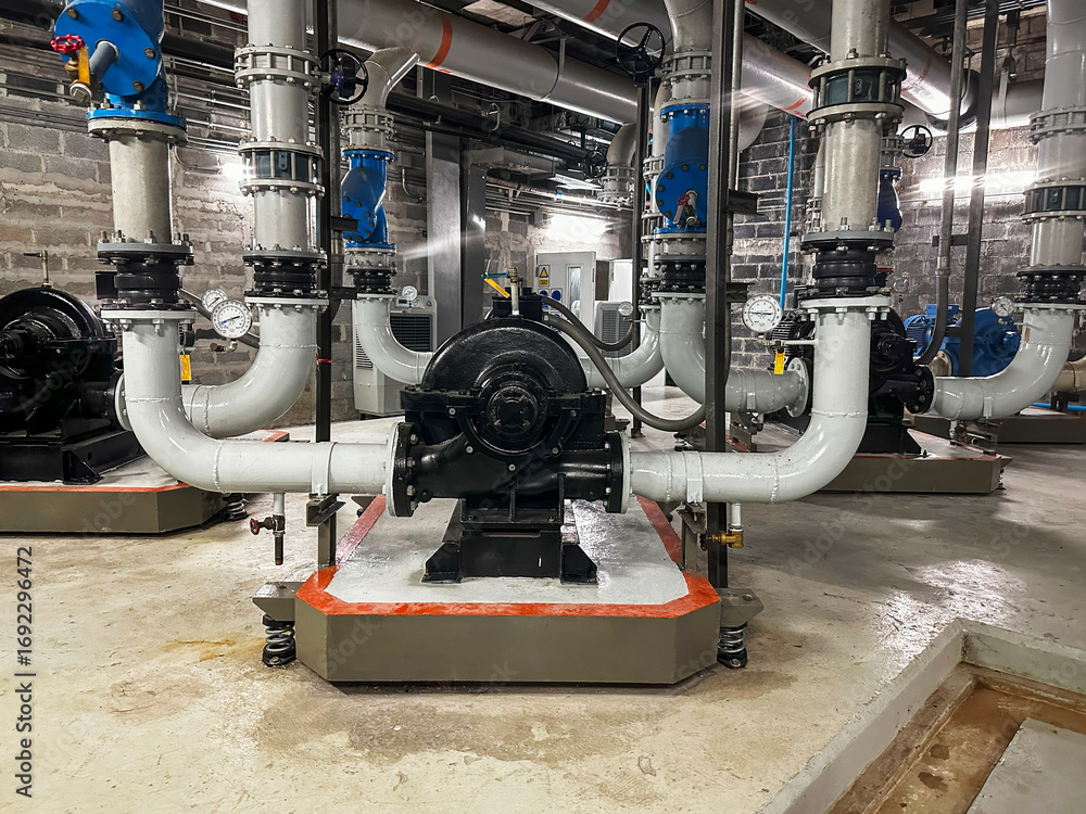 Sala de chillers industrial con motores y tubería de agua