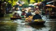 People in boats with food. Video of a group of people eating food in a thai city. Boats floating in the sea at the cultural market. Individuals in boats lifestyle carrying food.