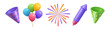 © Sensvector - Cone hat, party clapper and confetti stripes. Vector isolated 3d icon, pyrotechnics and firecrackers, balloons for celebration of holiday or special occasion. Firework with colors, birthday festivity